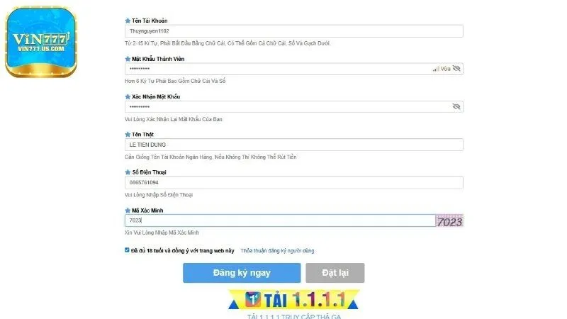 Điền thông tin trong biểu mẫu đăng ký Vin777