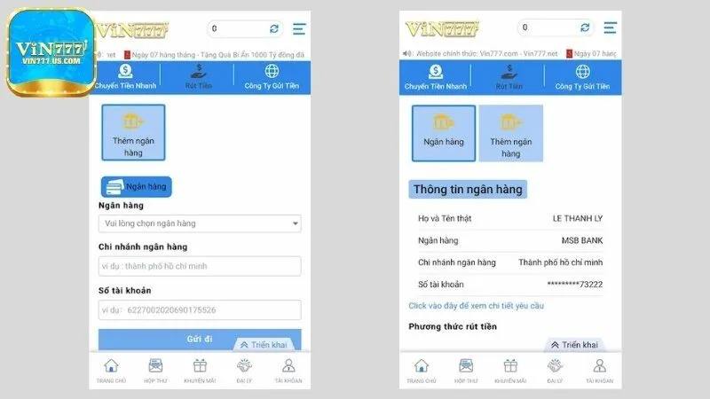 Thêm tài khoản ngân hàng trước khi rút tiền Vin777
